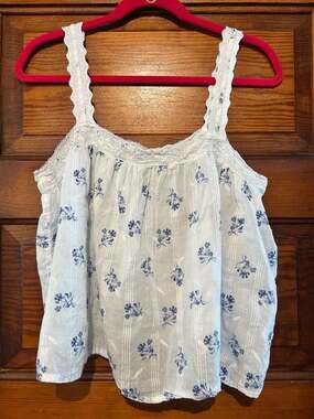 Joie Women's Blue and White Floral Lace-Trimmed Cotton Tank Top Size Medium